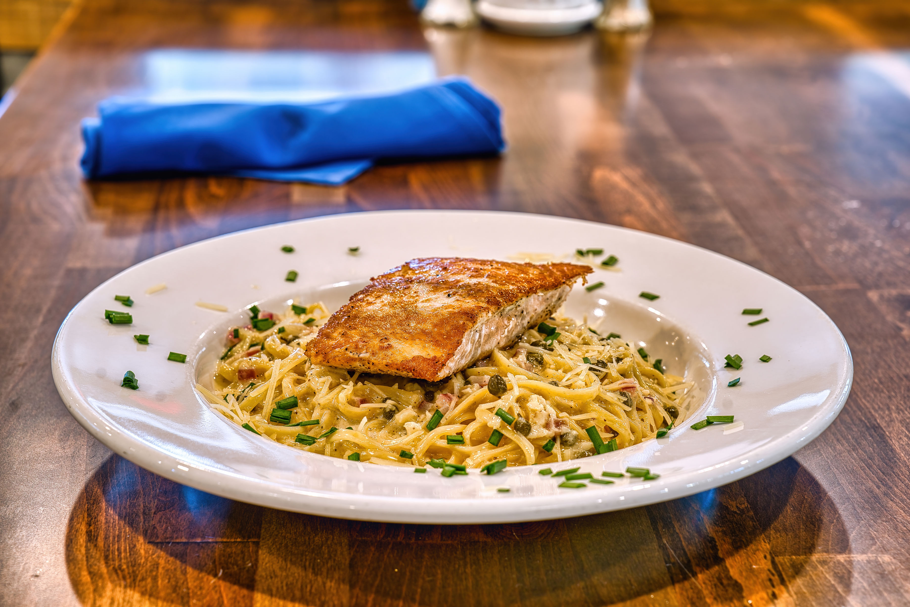 Salmon entrée with Gulf seafood at the Crooked River Grill