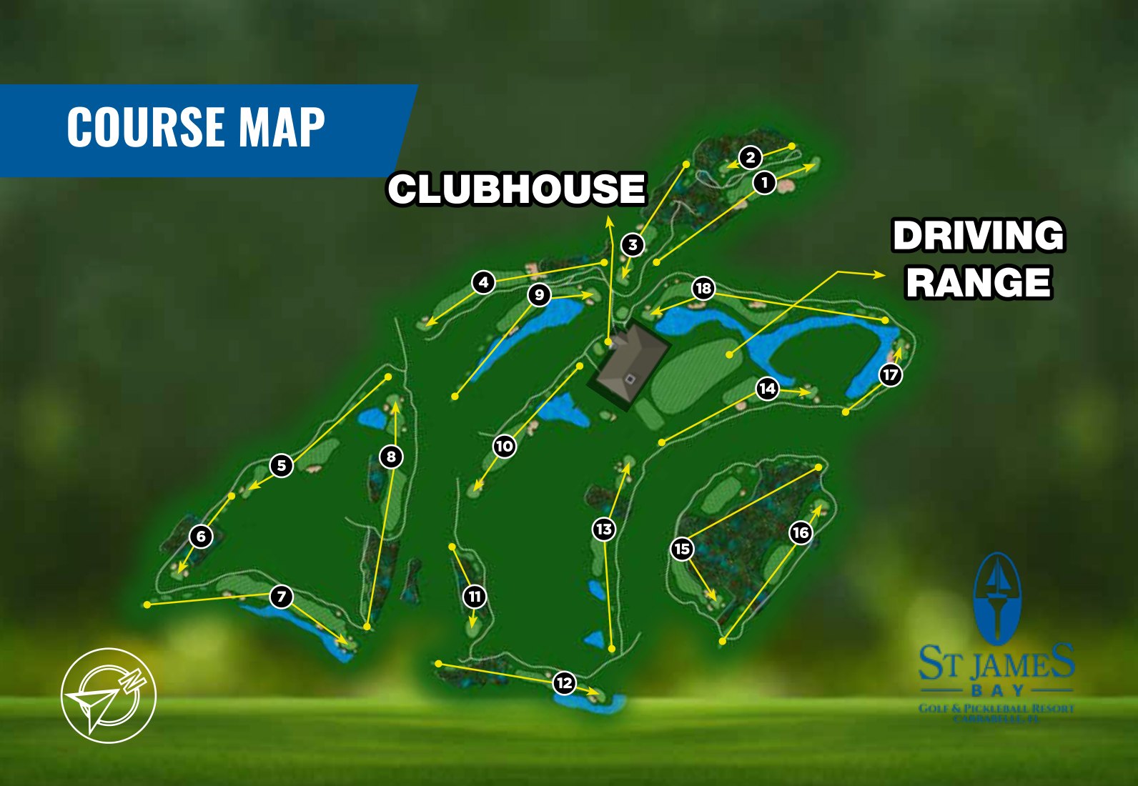 Full course map of St. James Bay showing all 18 holes, the clubhouse, and driving range